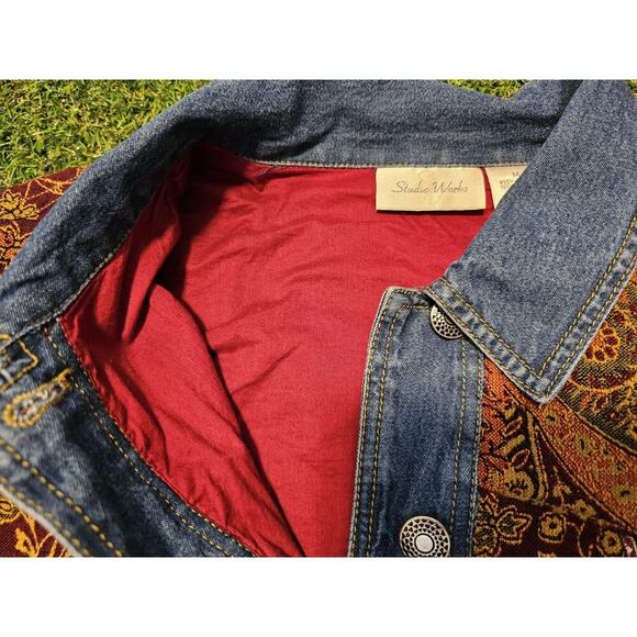STUDIO WORKS woman M Jacquard Velvet DENIM JACKET Paisley Patchwork Fully Lined - Picture 4 of 8